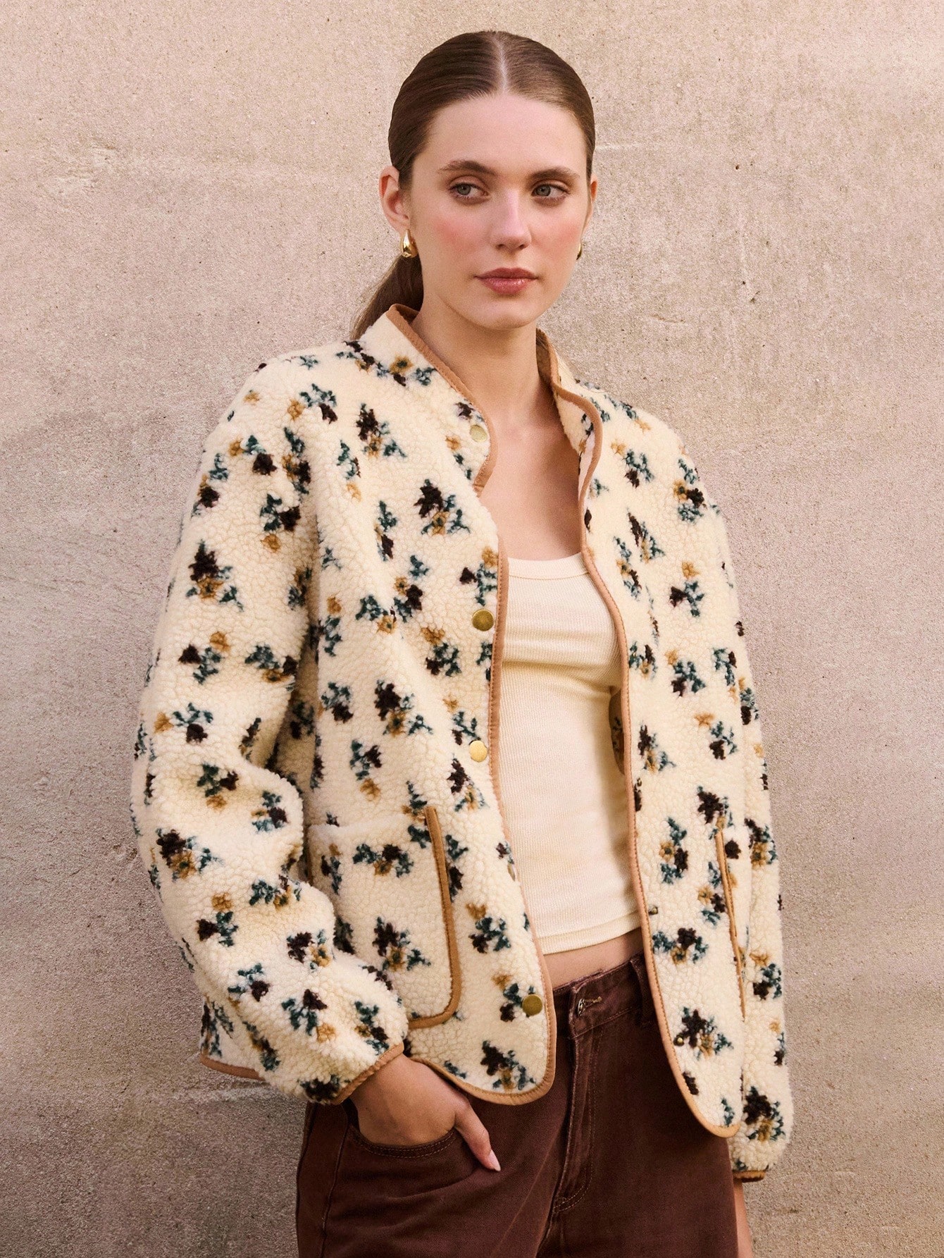 Cream Floral Print Sherpa Jacket With Contrast Piping And Snap Button Closure Spring Summer Jacket Spring Women Clothes Going Out Jackets