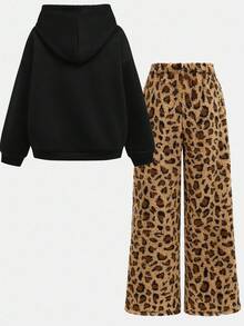 SHEIN Teen Girls Sweatshirt Set, Street Sports Casual Campus Leopard Print Pattern Pullover Sweatshirt And Leopard Print Pants/Spring/Autumn/Christmas,Holiday/Family Day/Happy New Year - Multicolor - View 2