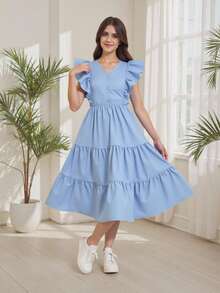 优雅少女天蓝色中长连衣裙，春夏 - 藍色 - 查看 3