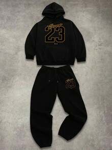 Manfinity EMRG 2件套男士休闲连帽长袖上衣和裤子套装 - 黑色 - 查看 1