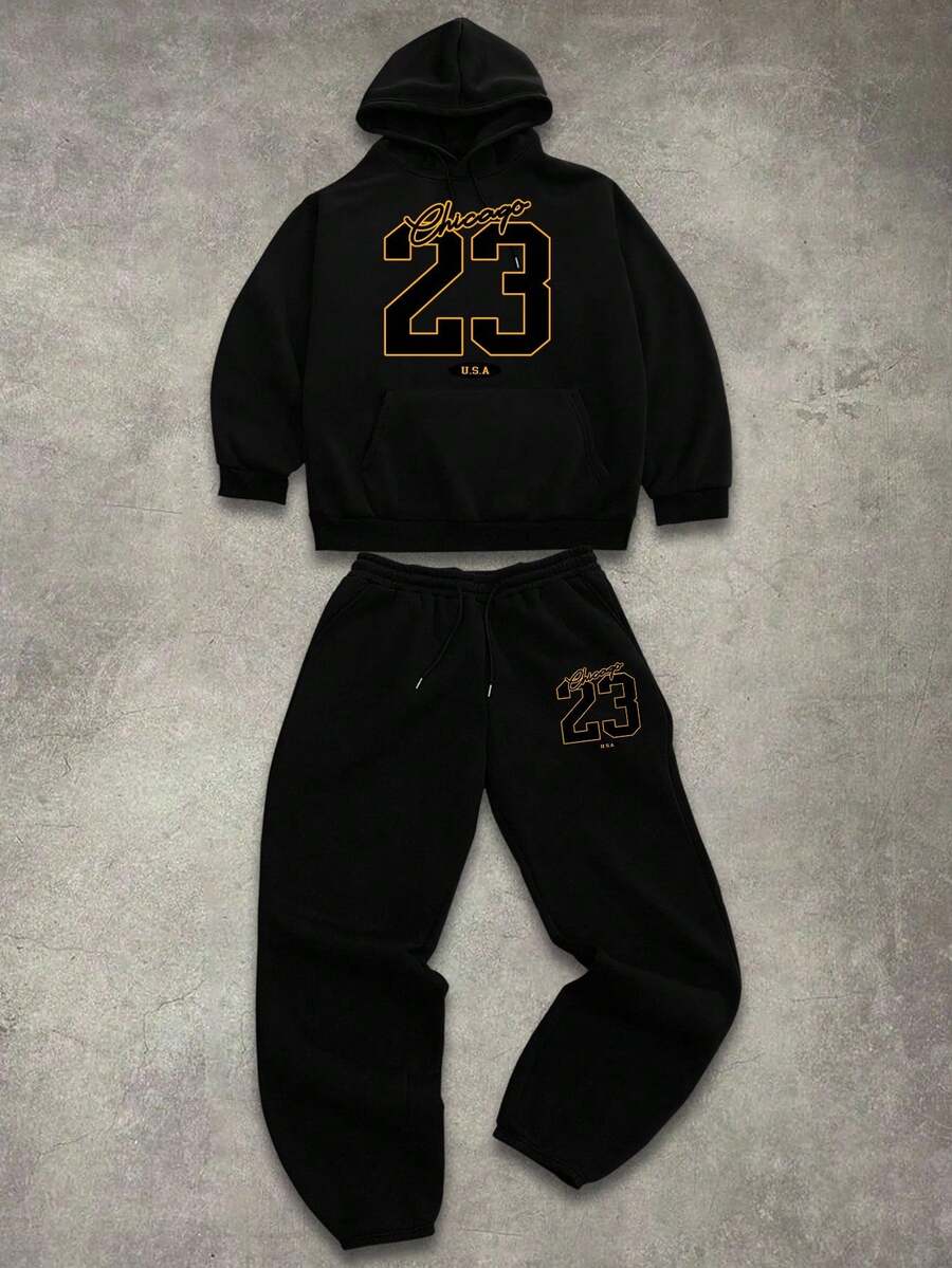 Manfinity EMRG 2件套男士休闲连帽长袖上衣和裤子套装 - 黑色 - 查看 1