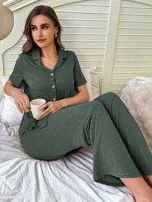 SHEIN Soft & Skin-Friendly Cardigan Button Closure Unisex Fashionable Loungewear Pajama Set