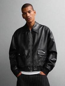 SUMWON Luxury Harrington Bomber Jacket With Patch Pockets Modern Casual Outerwear Fall Winter Transitional Zip Up Ribbed Collar - Black - View 1