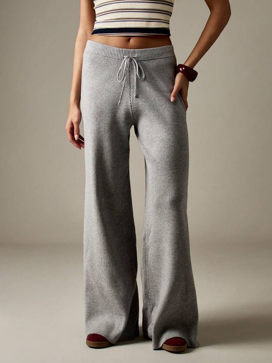 MISSGUIDED Pantalones anchos de punto acanalado con cordón para mujer, pantalones de salón estilo palazzo de uso casual - Gris Claro - Ver 1