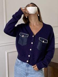 DAZY Women's Casual Faux Pearl Knitted Cardigan, Autumn/Winter New Arrival - Navy Blue - View 5