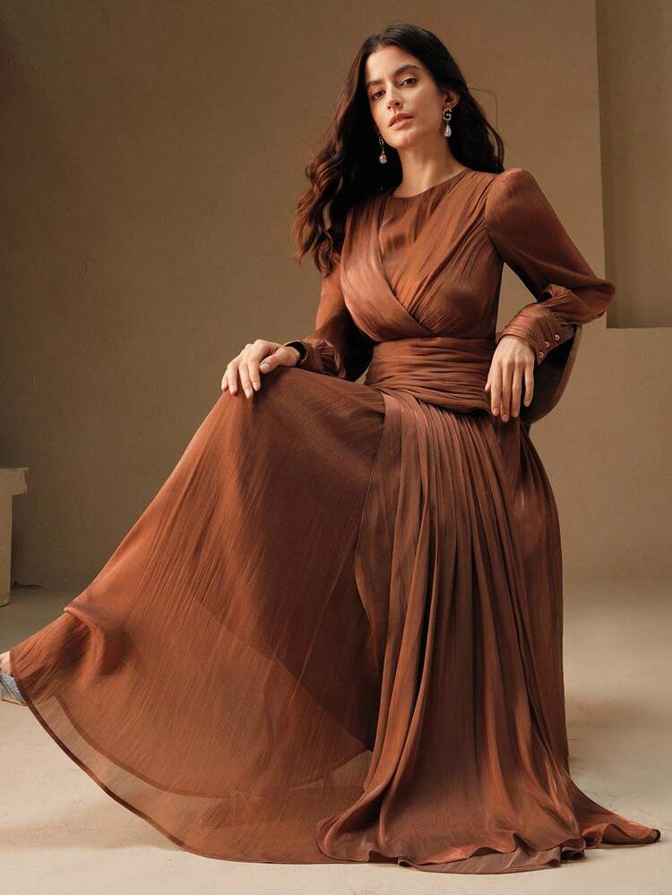 Women's Long Dress With Cross Neckline, Ruffle Hem, Pleated Bubble Long Sleeve, Elegant And Dignified Evening Gown
