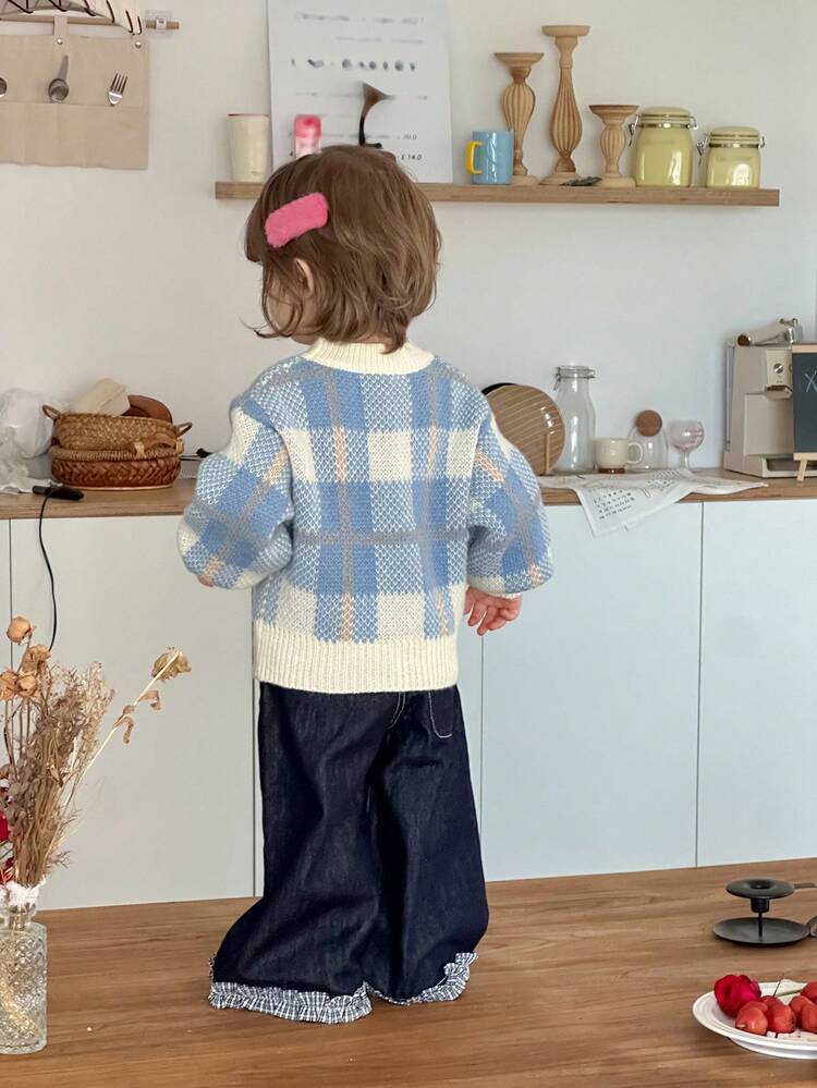 Baby Girls Plaid Knit Sweater, Korean Style Sweet And Fresh Long Sleeve Fall,Winter Toddler Girls Clothes