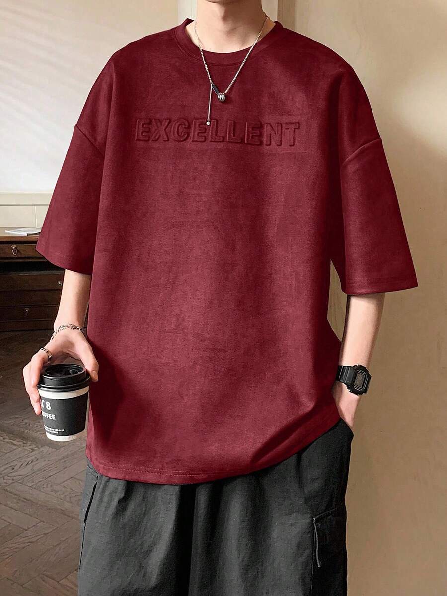 Claim Dot 宽松男士字母压花落肩T恤，适合秋季 - 紅色 - 查看 1