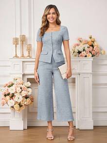 Ellevyn 女士方领短袖单排扣优雅衬衫 - 藍色 - 查看 4