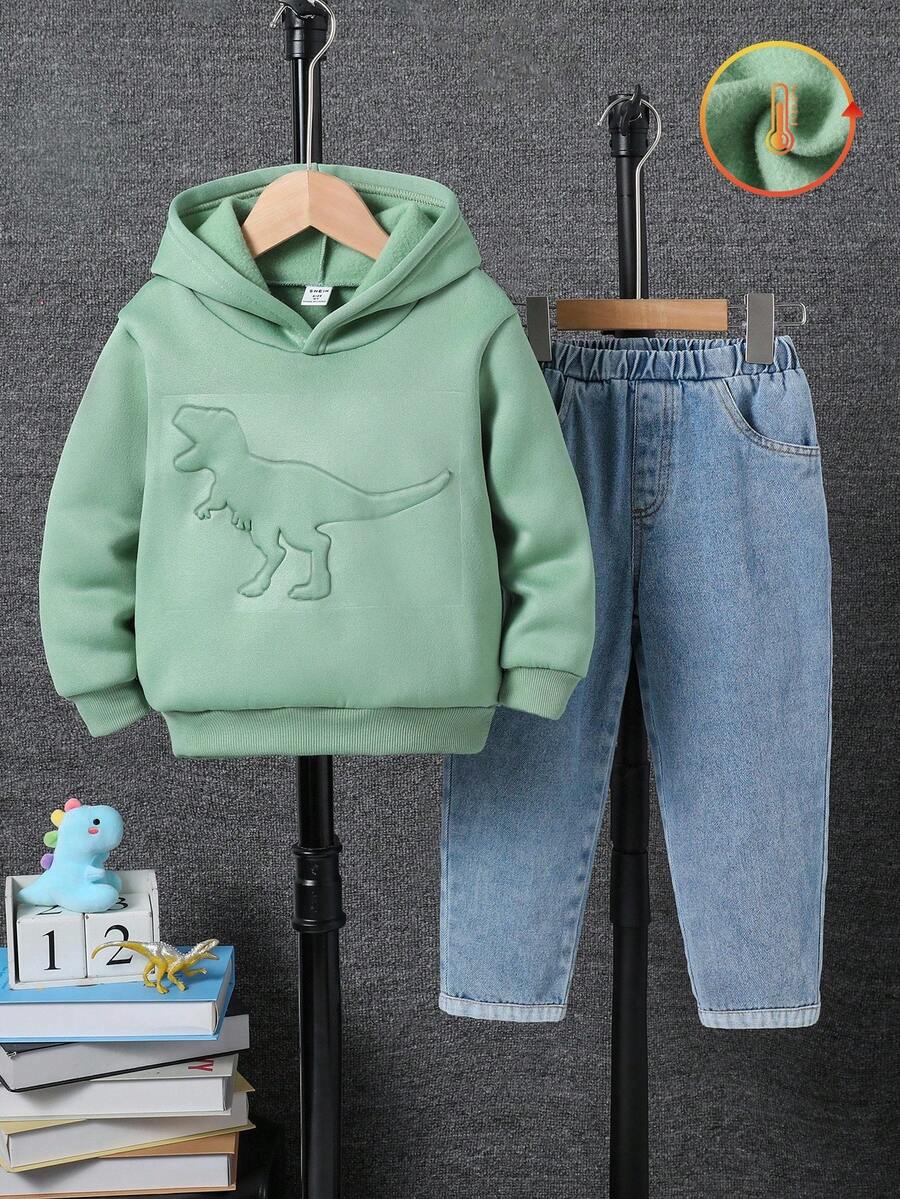 SHEIN Conjunto de 2 peças de moletom e calça jeans para meninos, casual, confortável, com capuz, solto, manga comprida