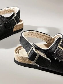 Solecia 女式带扣设计仿皮毛内衬休闲时尚厚底凉鞋 - 黑色 - 查看 5