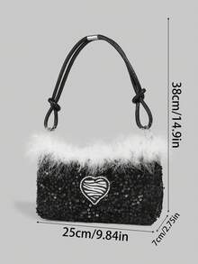 ROMWE Kawaii A Party-Style Hot Girl White Fringed Decorated Black Sequin Shoulder Bag, A Cool Girl Party Dinner Bag, Suitable As A Gift For Valentine's Day, Wedding Season, Birthday Or Festival, A Heart Decorated Party Underarm Bag - Multicolor - View 2