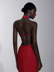 Elitara Elegant, Romantic, Sexy, Minimalist, Stretchy, Halter Neck, Backless, Off Shoulder, Bodycon, 3D Floral, Fishtail Hem, Fashionable, Influencer Style, Holiday, Vacation, Birthday Party, Wedding Event, Bridesmaid Dress - Burgundy - View 5