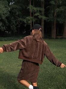 DAZY Women's Casual Corduroy Long Sleeve Jacket With Pockets And Straight Skirt Two Pieces Set, Autumn