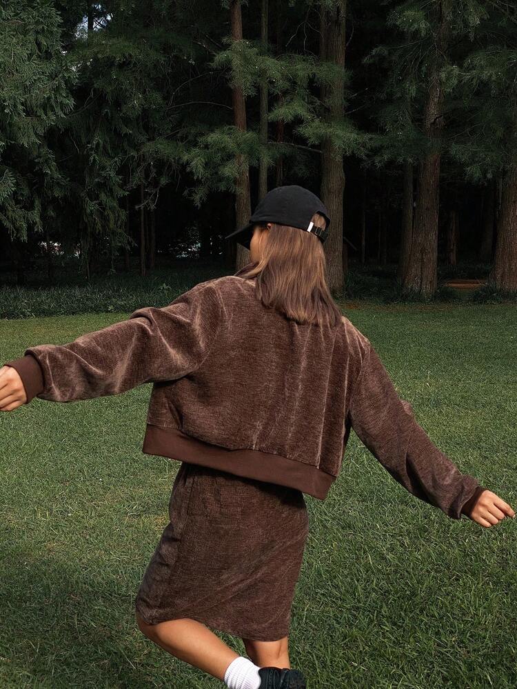 Women's Casual Corduroy Long Sleeve Jacket With Pockets And Straight Skirt Two Pieces Set, Autumn