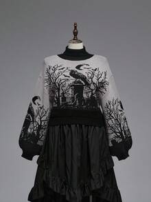 ROMWE Gothic Dark High Neck Warm Crow Grave Moon Bat Branch Jacquard Black Lantern Sleeve Plus Size Pullover Sweater - Black - View 1
