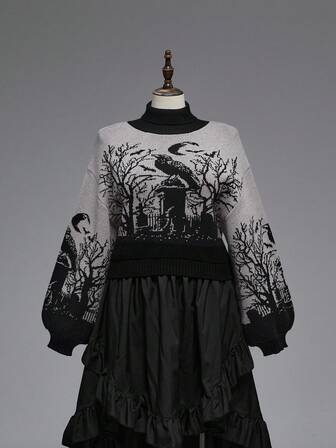 Goth Suéter de cuello alto gótico y oscuro con estampado de cuervo, luna, murciélago y rama en jacquard negro de manga farol, talla grande