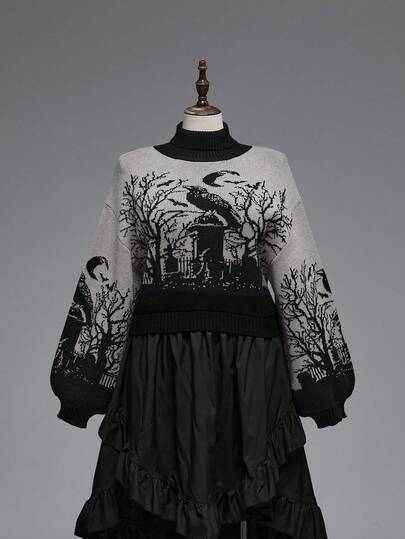 Goth Suéter de cuello alto gótico y oscuro con estampado de cuervo, luna, murciélago y rama en jacquard negro de manga farol, talla grande