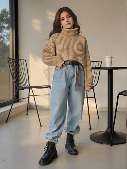 SHEIN Cô gái Tween Áo cao cổ Tay áo lồng đèn Áo len