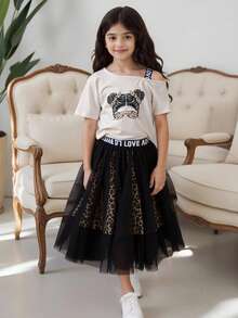 少女图案不对称领口 T 恤和豹纹网眼覆盖裙 - 彩色 - 查看 1