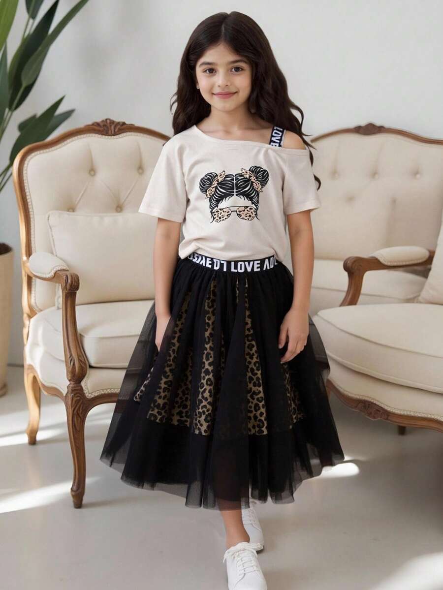 少女图案不对称领口 T 恤和豹纹网眼覆盖裙 - 彩色 - 查看 1