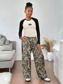 SHEIN Tween Girl 街头休闲字母拼色长袖修身褶饰下摆短款 T 恤 - 杏色 - 查看 3