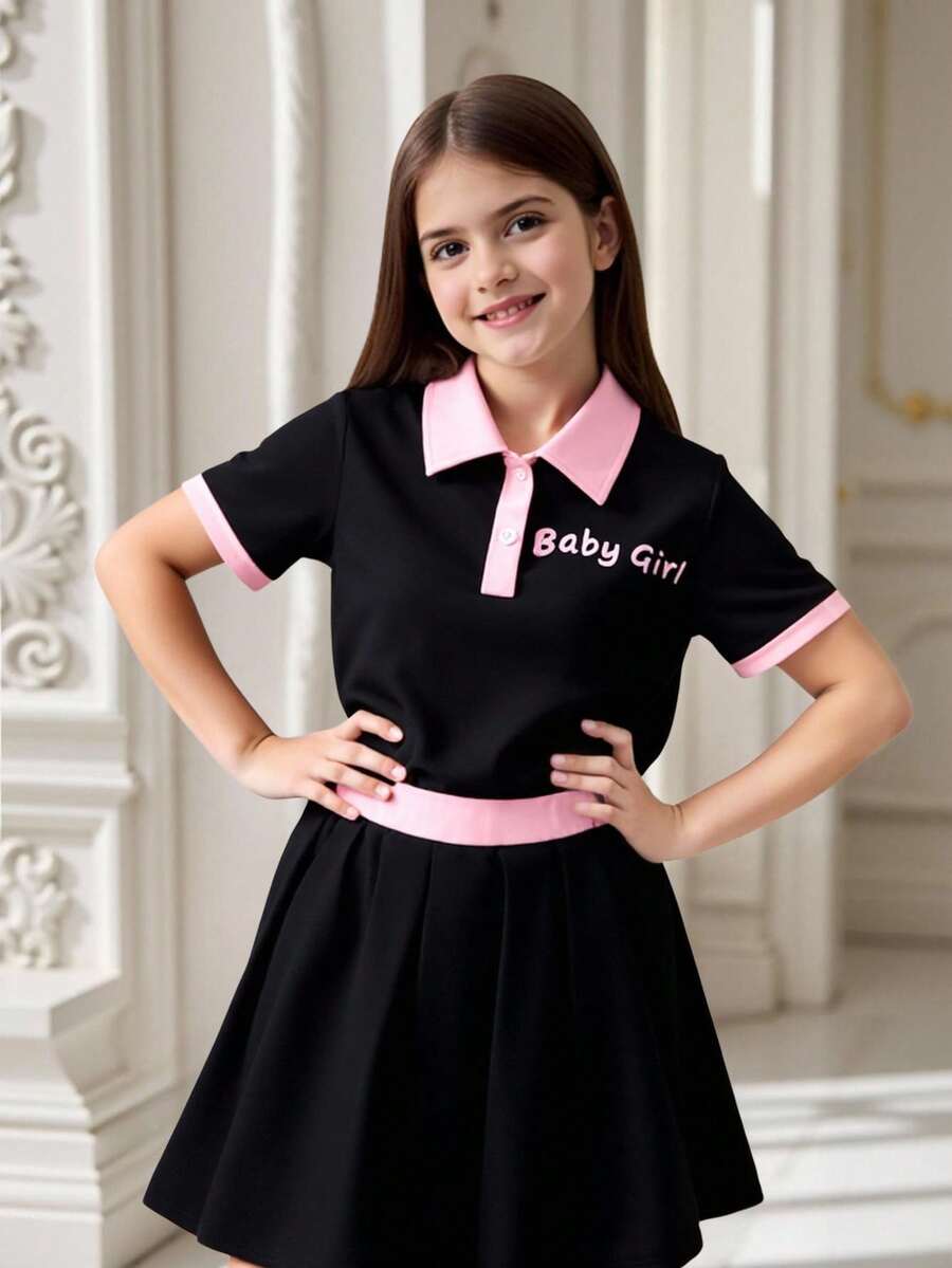 Tween Girl Summer Black & Pink Colorblock Shirt And Skirt Set - Black - View 1