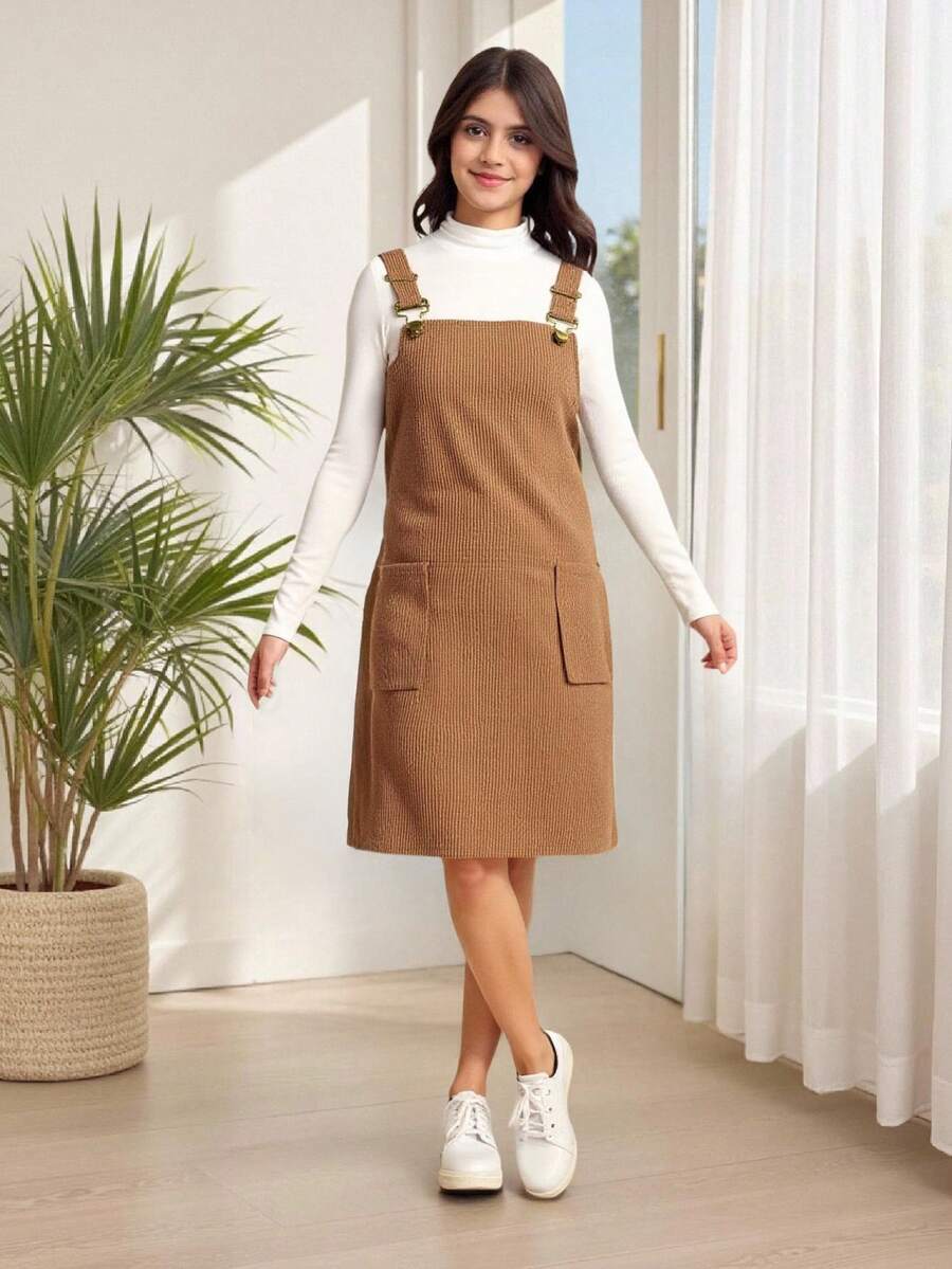 SHEIN 少女装：1 件白色立领长袖上衣和 1 件灯芯绒宽松无袖口袋吊带连衣裙，2 件套 - 棕色 - 查看 1