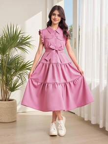 少女纯色荷叶边下摆优雅连衣裙，适合假日、夏季和旅行 - 粉色 - 查看 1