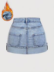 SHEIN MOD 女式休闲日常水洗斜口袋紧身牛仔裙 - 淺色水洗藍 - 查看 2