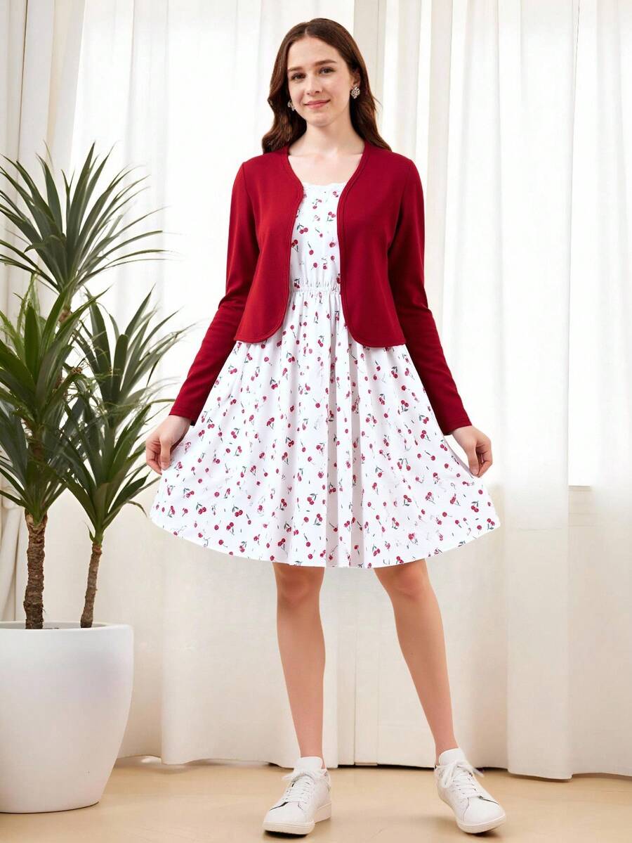 SHEIN 2 件套少女休闲可爱樱桃花朵吊带背心裙和短夹克，“清凉女孩”风格 - 紅色 - 查看 1