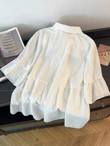 GlowEve CURVE Plus Size Women Solid Color Ruffle Cuff Single-Breasted Loose Blouse - White - View 2