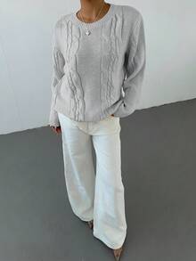 SHEIN Jersey de punto de cuello redondo gris con ajuste holgado, estilo universitario casual minimalista, jersey gris, ropa de mujer, jersey corto, jersey de mujer, jersey gris de manga larga, jersey de otoño e invierno - Gris - Ver 3