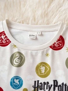 HARRY POTTER X SHEIN Conjunto de sudadera de manga larga con estampado integral y pantalones cortos de estilo escolar informal para niña preadolescente, para primavera/verano/otoño