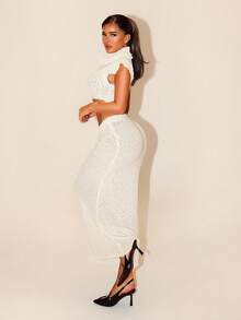 Sirith Women's Solid Color Cropped Knit Top And Knitted Blend Pencil Skirt 2 Pieces Set, Fitted & Sexy