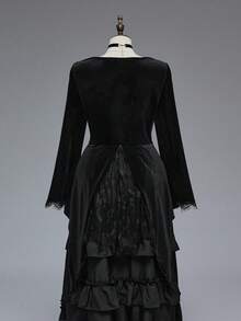 ROMWE Gothic Lace & Velvet Patchwork Women Top - Black - View 2