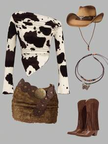 SHEIN ICON 1pc Western Wear Women Y2k Clothes Festival 90s Clothes Holiday Hippie Western Oblique Shoulder Long Sleeve Printed T-Shirt, Minimalist Fashion Casual Everyday Wear