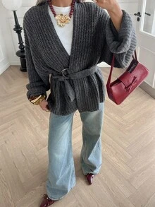 Livesso Grey Loose Casual Wrap Style Cardigan For Women, Autumn/Winter - Grey - View 6