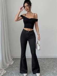 Elenzga Solid Color Flare Jeans - Black - View 1