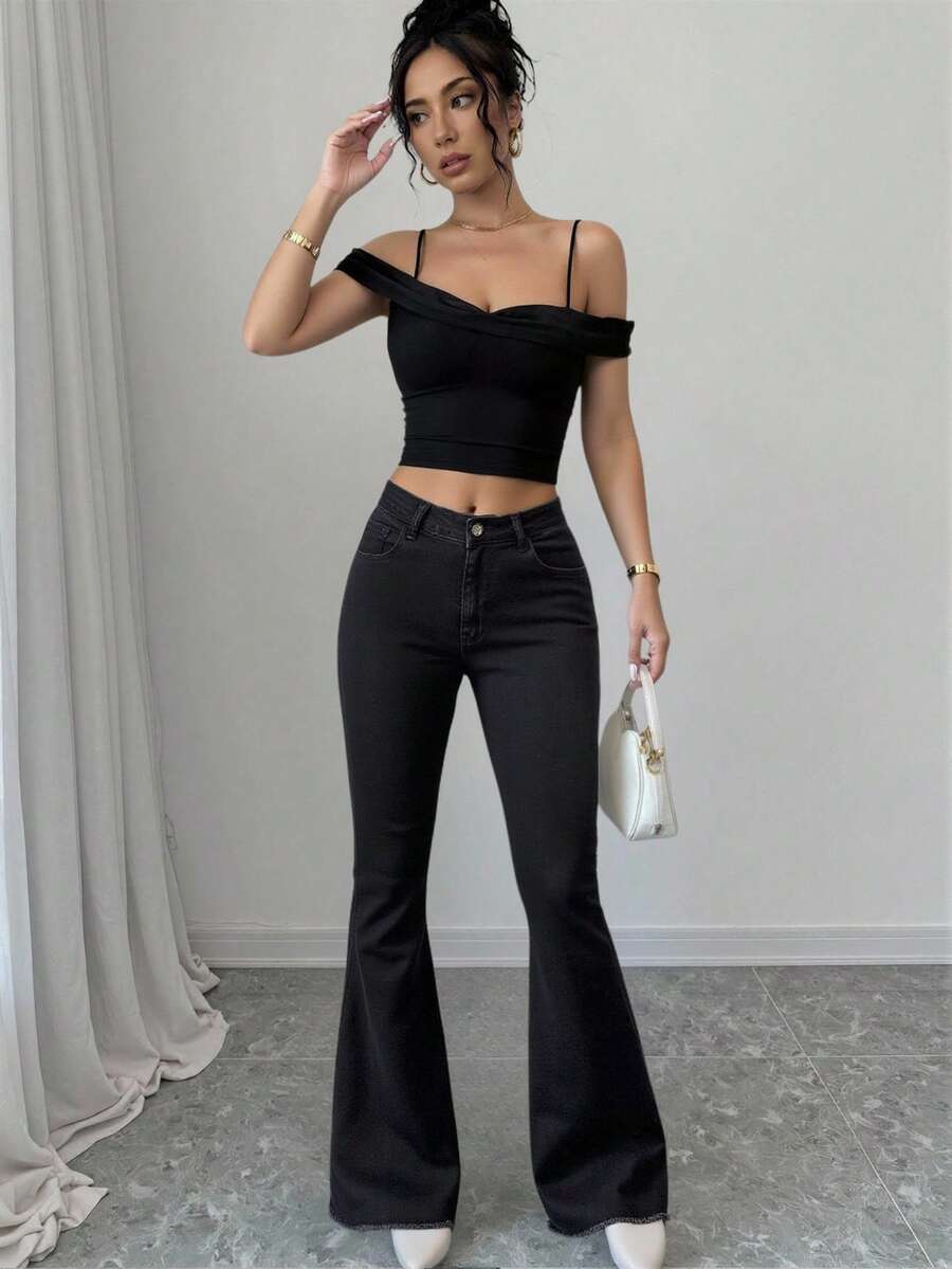 Elenzga Solid Color Flare Jeans - Black - View 1