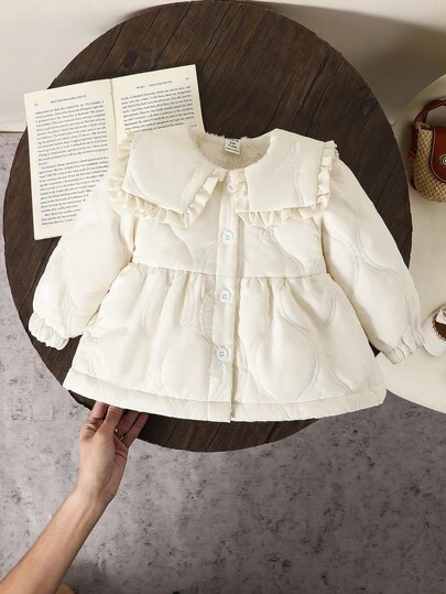 婴幼儿水手领荷叶边夹棉外套，可爱清凉风格，适合室内外穿着，冬季