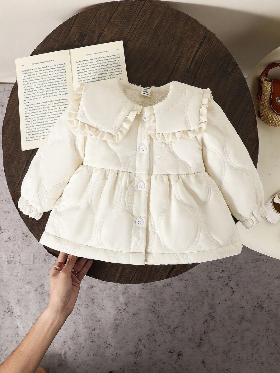 婴幼儿水手领荷叶边夹棉外套，可爱清凉风格，适合室内外穿着，冬季 - 白色 - 查看 1