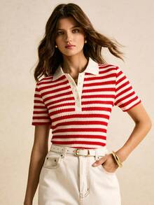 Poéselle Women's Casual Striped Button-Up Short Sleeve T-Shirt, Summer, Red And White Top, Red Stripe Knit Top, Knit Top Women, Stripe Top