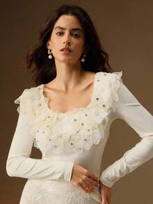 Anewsta Elegant Off-White Autumn Date Night Floral Decor Puff Sleeve U-Neck Stretchy Fitted Long Sleeve Top,Christmas New Year Party,Luxury Formal Chic Top - Apricot - View 3