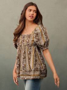 WESTFADE Áo babydoll dáng dài cổ vuông tay bồng họa tiết hoa 100% cotton, dáng chữ A, thường ngày, dễ thương, mùa thu, mùa đông, phong cách Boho, trang phục phương Tây dành cho nữ, hòa nhạc đồng quê - Nhiều màu - Xem 1