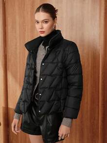 SHEIN Unity 女式高领长袖方形棉服外套 - 黑色 - 查看 3