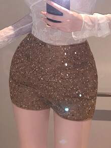 DAZY Sequin Embellished Bodycon Sexy Gold Mini Shorts For Women, Suitable For Party, Wedding, Prom New Years Women Carnival - Khaki - View 6