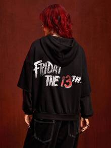 Friday the 13th X ROMWE 女士口罩图案长袖连帽二合一运动衫 - 黑色 - 查看 2