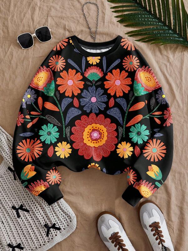 Travachic Moletom feminino casual boêmio com estampa floral, manga comprida e gola redonda, adequado para outono/inverno, moletom floral feminino, roupa de resort, estilo casual feminino, roupa para sair, roupas elegantes, roupa para show feminina, blusas florais para mulheres