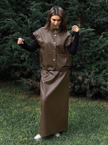 DAZY Women's Casual Street Style Solid Color Loose Lapel Sleeveless Drawstring Pocket PU Vest And Straight Skirt Two Pieces Set, Autumn/Winter